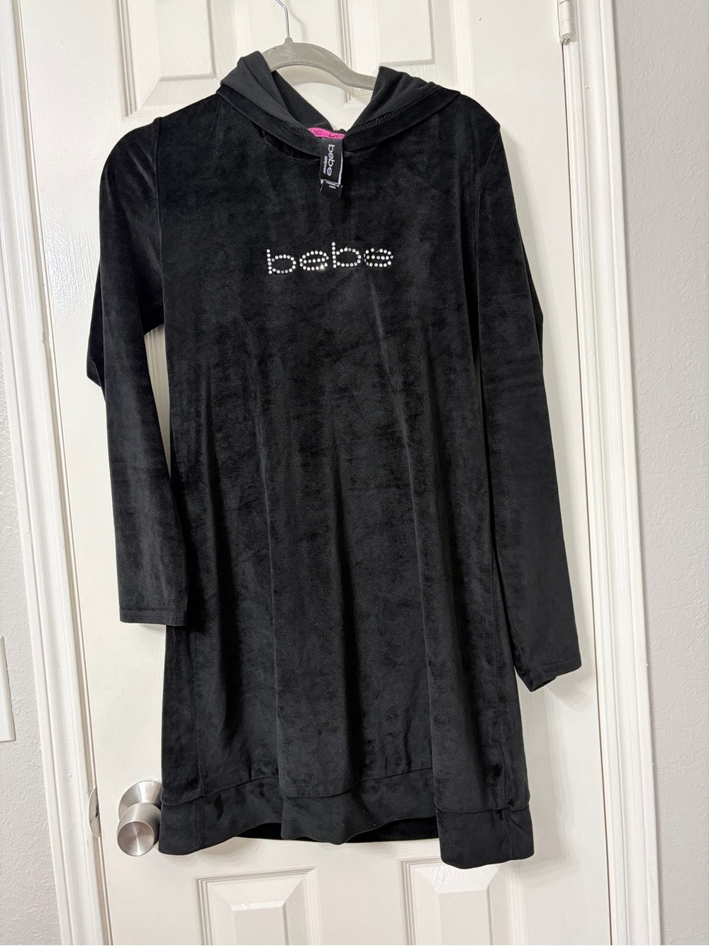 bebe Black Hooded Nightgown with Rhinestone Logo
